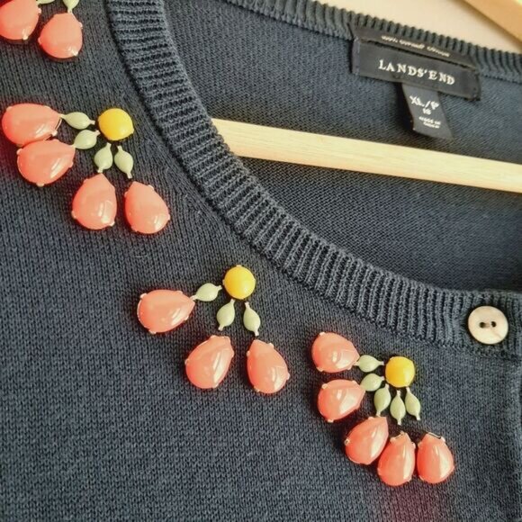 LAND'S END 100% Supima Cotton Gem Neckline Button Down Cardigan Navy Sz XL P 18 - Picture 5 of 11